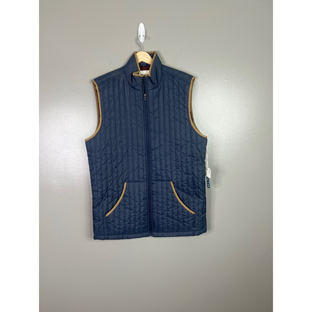 Mutual Weave Mens Navy Blue Quilted Full Zip Vest Big & Tall LT Tan Trim New